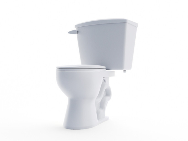 A white toilet placed on an angle against a white background