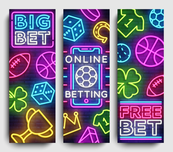 Multicolored neon signs with "Big Bet," "Online Betting," "Free Bet," plus gambling and sports icons like dice, baseketball and football