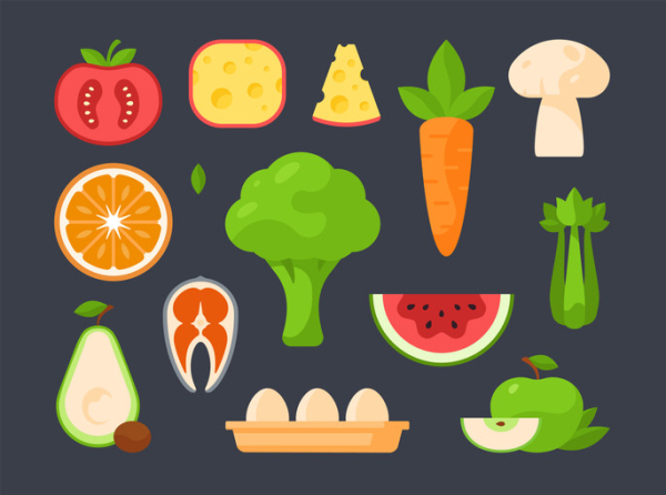 A dark background with brightly colored foods, such as tomato, orange, mushroom, cheese, eggs, celery, watermelon, salmon